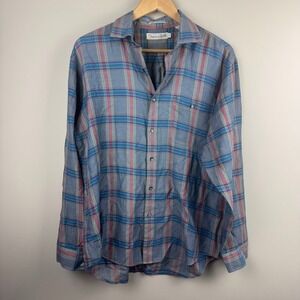 Oscar de la Renta Plaid Button Down Shirt‎ Women Size L Blue Pink Long Sleeve
